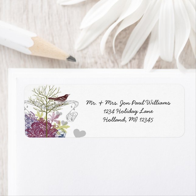 Vintage Birds Musical Raspberry Damask Tree Returadress Etikett (Insitu)