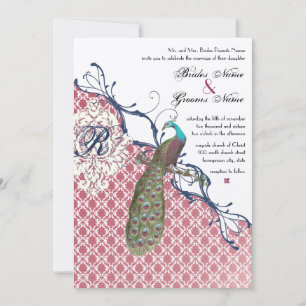 Vintage Birds Navy Deep Raspberry Damask Wedding Inbjudningar