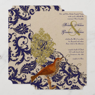 Vintage Birds Navy Endive Damask Wedding Inbjudningar