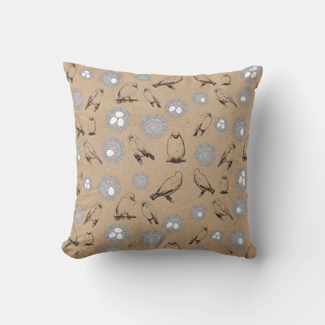 Vintage Birds & Nest Rustic Kraft Brown Kudde (Framsida)