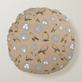 Vintage Birds & Nest Rustic Kraft Brown Rund Kudde