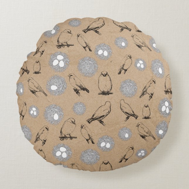 Vintage Birds & Nest Rustic Kraft Brown Rund Kudde (Framsidan)