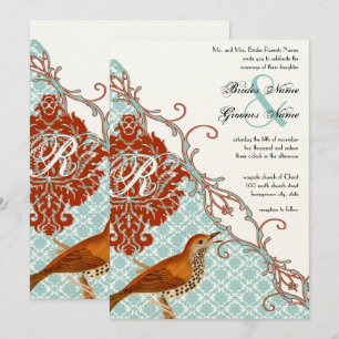 Vintage Birds Red Endive Damask Wedding Inbjudningar