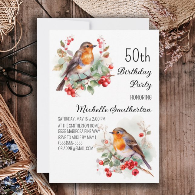 Vintage Birds Robin Redbröst 50:e födelsedagen Inbjudningar (Robin redbreast 50th birthday party invitation)