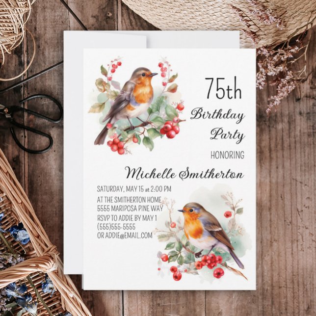 Vintage Birds Robin Redbröst 75:e Birthday Inbjudningar (Robin redbreast 75th birthday party invitation)