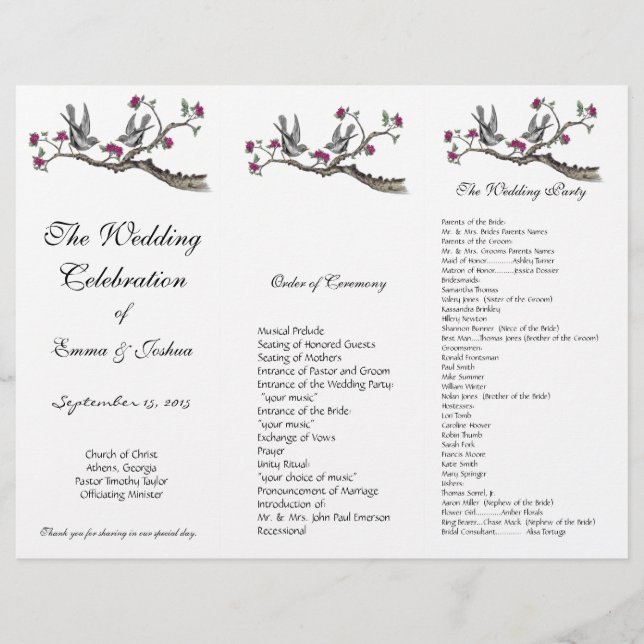 Vintage Birds Rosa Blommigt TriFold-Bröllopsprogra (Framsida)