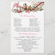 Vintage Birds Rosa Flowers Bröllopsprogram