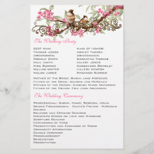 Vintage Birds Rosa Musical Rulla Bröllop Menu