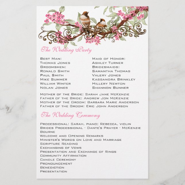 Vintage Birds Rosa Musical Rulla Bröllop Menu (Framsida)