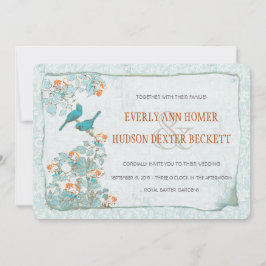 Vintage Birds Turcos och Orange Damask Wedding Inbjudningar