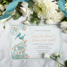 Vintage Birds Turcos och Orange Damask Wedding Inbjudningar