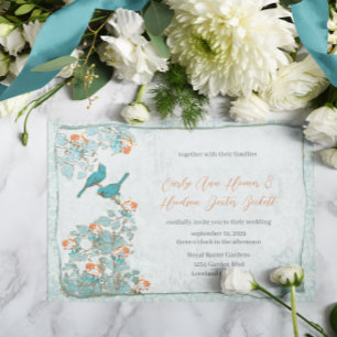 Vintage Birds Turcos och Orange Damask Wedding Inbjudningar