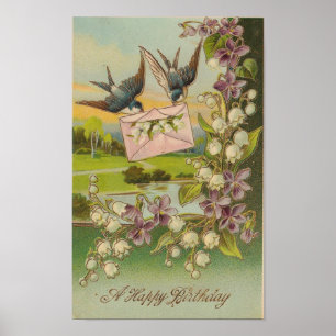 Vintage Birthday Birds Lila blommor Poster