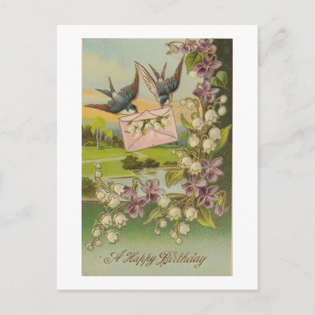 Vintage Birthday Birds Lila blommor Vykort (Framsida)