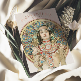 Vintage Birthday Card Alphonse Mucha Champagne Kort