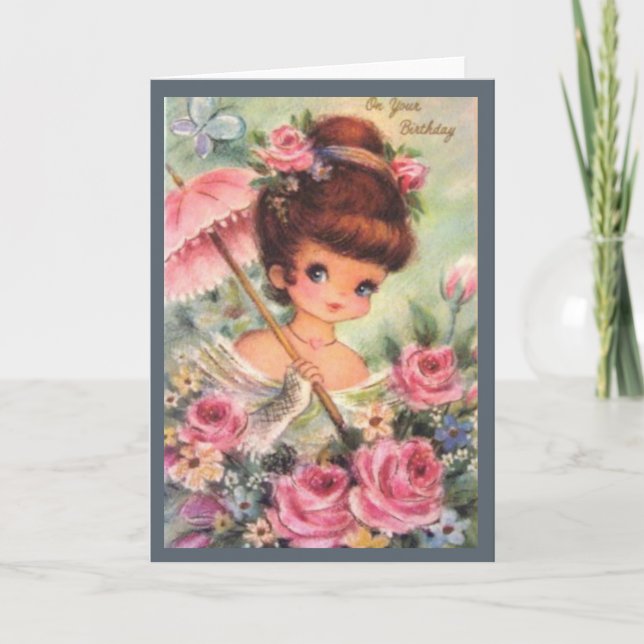 Vintage Birthday Flower Girl Helgkort (Framsida)