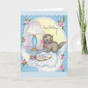 Vintage Birthday - Kitten & Embroidery Thread Kort