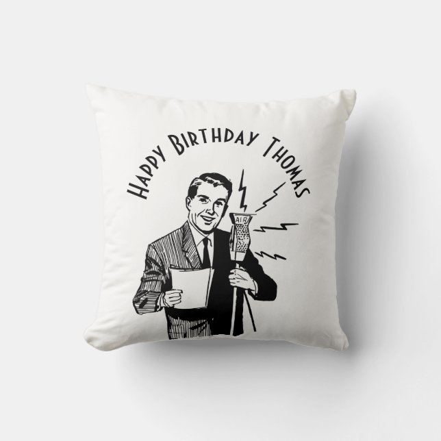 Vintage Birthday Radio Announcer Kudde (Framsida)