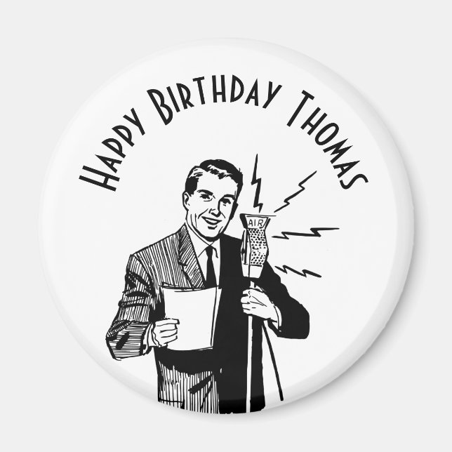 Vintage Birthday Radio Announcer Magnet (Framsidan)