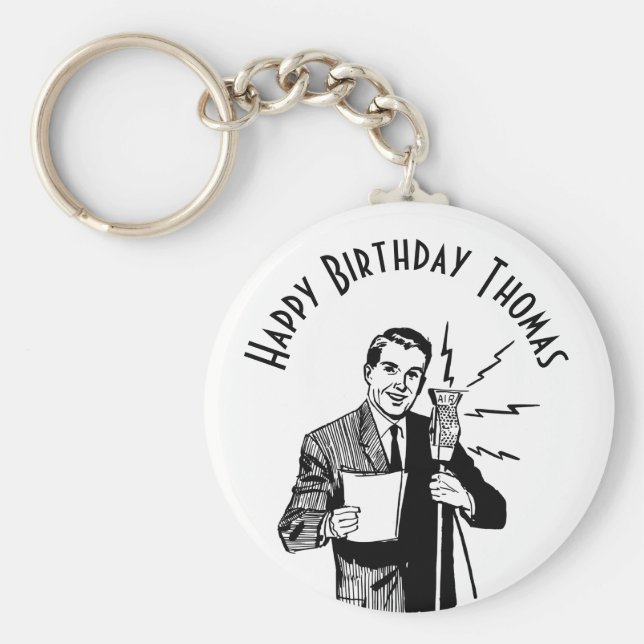 Vintage Birthday Radio Announcer Nyckelring (Framsidan)