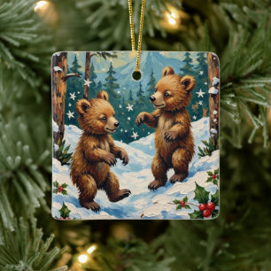 Vintage Björnungar som leker i snöig jul Julgransprydnad Keramik