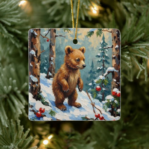 Vintage Björnunge i Snöig Tallskog Jul Julgransprydnad Keramik
