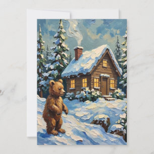Vintage Björnunge vid Snöig Julgran Stuga Julkort