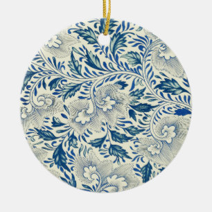 Vintage Blå Asiatiskt Blommotiv: Antik Chinoiserie Julgransprydnad Keramik