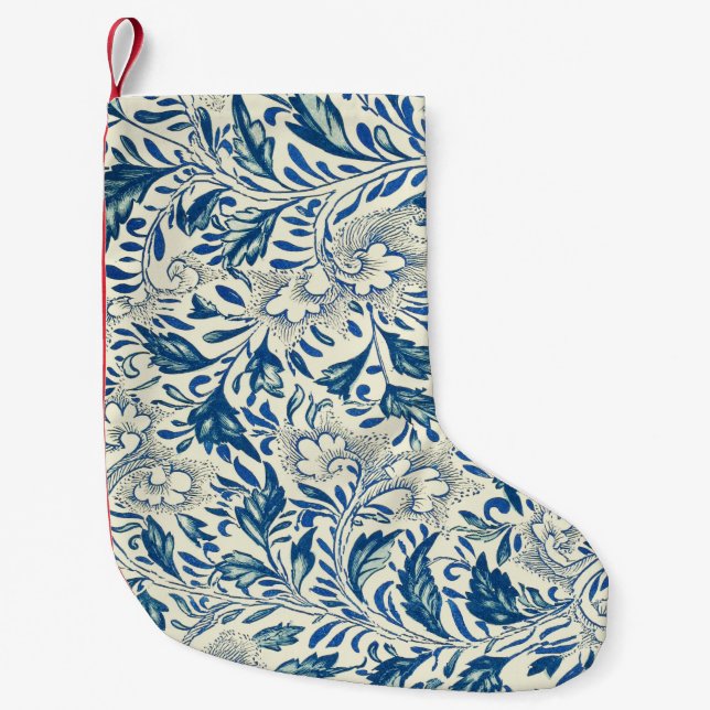 Vintage Blå Asiatiskt Blommotiv: Antik Chinoiserie Liten Julstrumpa (Framsidan)