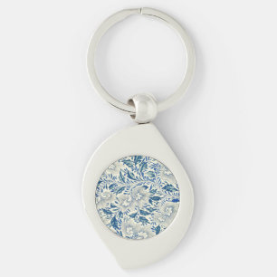 Vintage Blå Asiatiskt Blommotiv: Antik Chinoiserie Swirl Silverfärgad Nyckelring