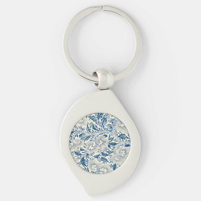 Vintage Blå Asiatiskt Blommotiv: Antik Chinoiserie Swirl Silverfärgad Nyckelring (Framsidan)