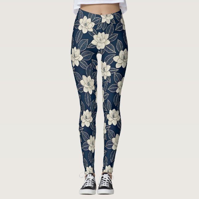 Vintage Blå Blommig Botanisk Mönster (5) Leggings (Framsida)