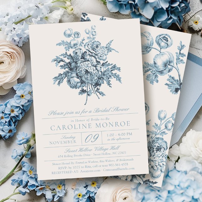 Vintage Blå Blommig Chinoiserie Bröllopsdusch Inbjudningar (Blue & ivory modern vintage floral bouquet chinoiserie french toile elegant bridal shower invitation)