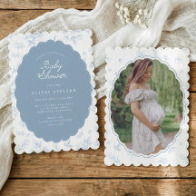 Vintage Blå Blommig Elegant Scalloped Baby Shower