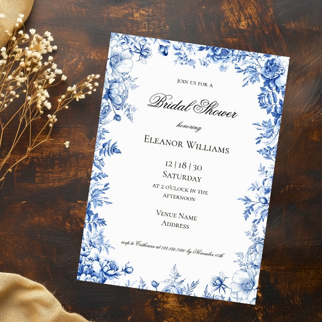 Vintage Blå Blommig Toile Bröllopsfest Inbjudningar (Vintage Blue Floral Toile Bridal Shower Invitation)