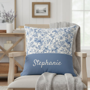 Vintage Blå Blommig Toile Monogram Kudde