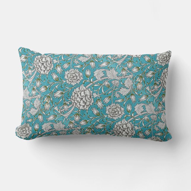 Vintage Blå Blommigt Silver Blommor Lumbarkudde (Framsida)