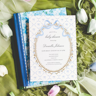 Vintage Blå Blommor Pojke Baby Shower Inbjudningar