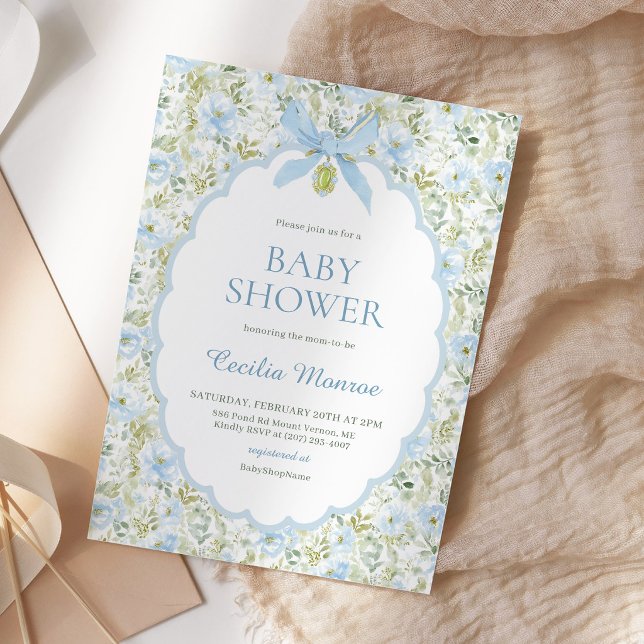 Vintage Blå Blomsterbåge Baby Boy Shower  Inbjudningar (Skapare uppladdad)