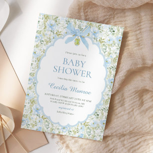 Vintage Blå Blomsterbåge Pojke Baby Shower Inbjudningar