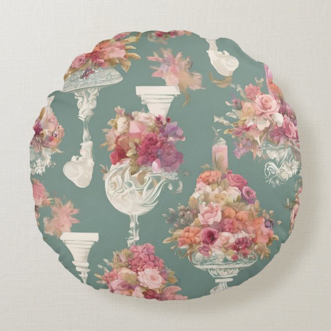 Vintage Blå Bouquet Rund Kudde (Framsidan)