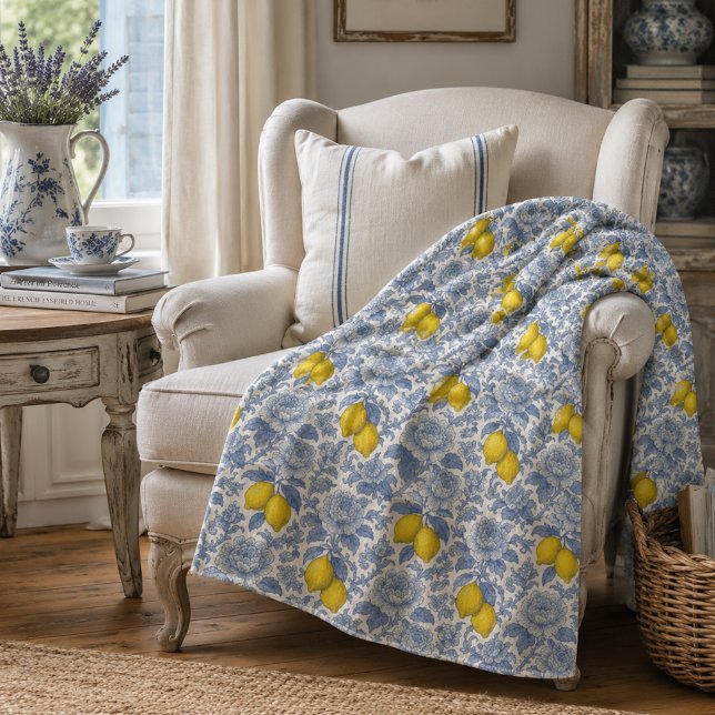 Vintage Blå Citron Botaniskt Mönster Fleecefilt (Skapare uppladdad)