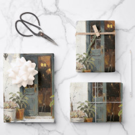 Vintage blå dörr med krukväxter Presentpapper