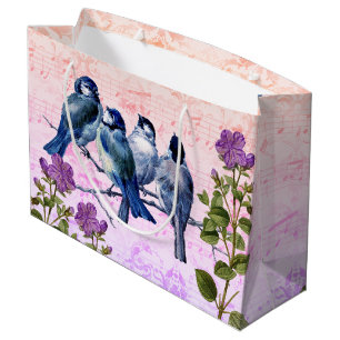 Vintage blå fåglar, blommor, rosa/lila noter