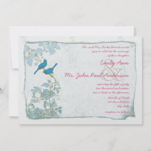 Vintage Blå Fåglar Damask Rosa Font Bröllopsinbjud Inbjudningar