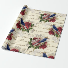 Vintage Blå fåglar med Krona och Rosor Presentpapper