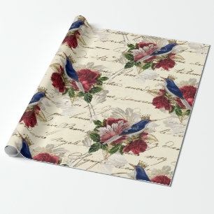 Vintage Blå fåglar med Krona och Rosor Presentpapper