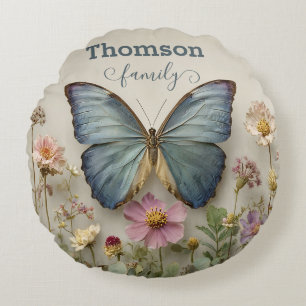 Vintage Blå Fjäril Blommig Trädgårdsfamilj Rund Kudde