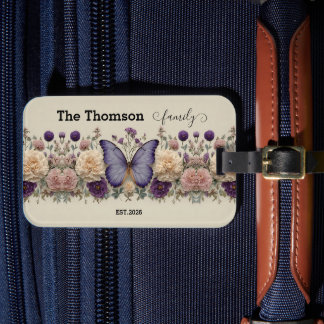Vintage Blå Fjäril med Blommor för Familj Bagagebricka