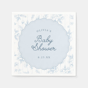 Vintage Blå Fransk Blommig Bårdad Baby Shower Pappersservett
